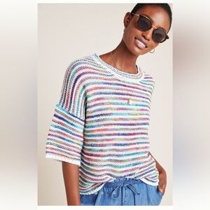 Anthropologie Colorful Cindy Striped Crew Neck Short Sleeve Pullover Sweater